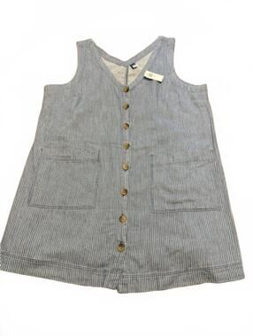 Blue and White Striped Button-Front Sleeveless Dress with Pockets